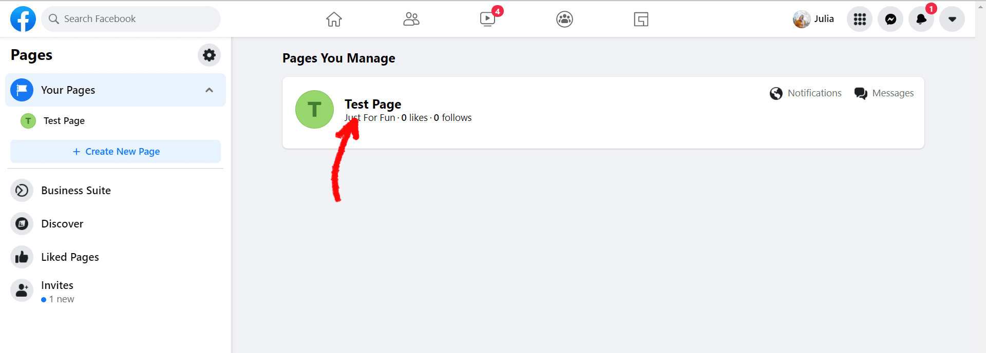 Facebook 'Pages You Manage' button